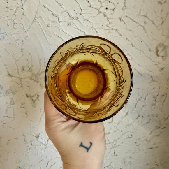 Vintage Amber Glass Goblets Set of 6 Floral Pressed Glass Mid Century A - Picture 7 of 10